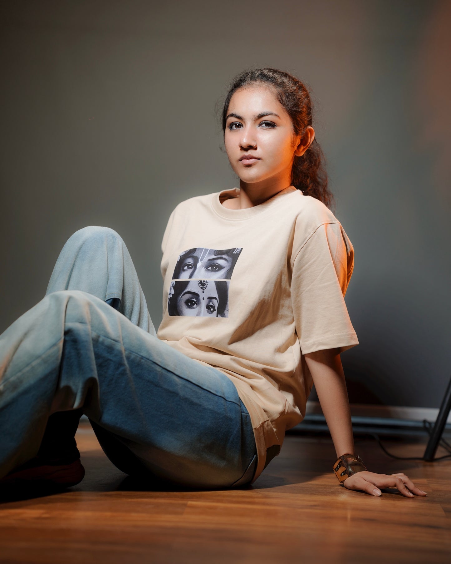 Ishq (RadhaKrishna) Oversized Premium Tshirt | Beige & Olive