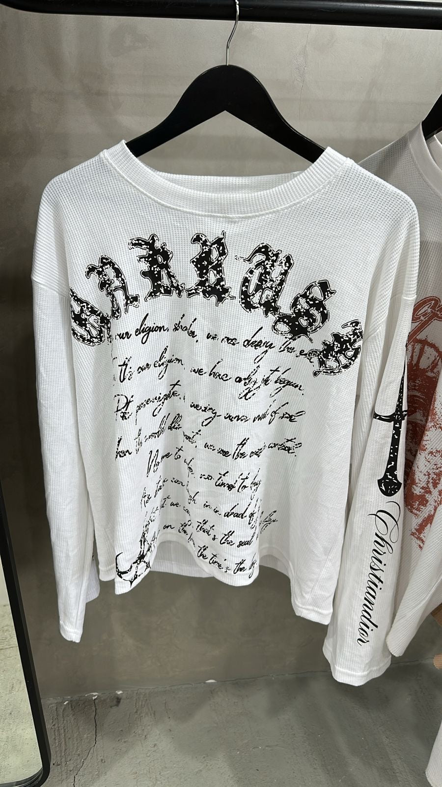 White Gothic Text Waffle Boxy Fit Unisex Tee
