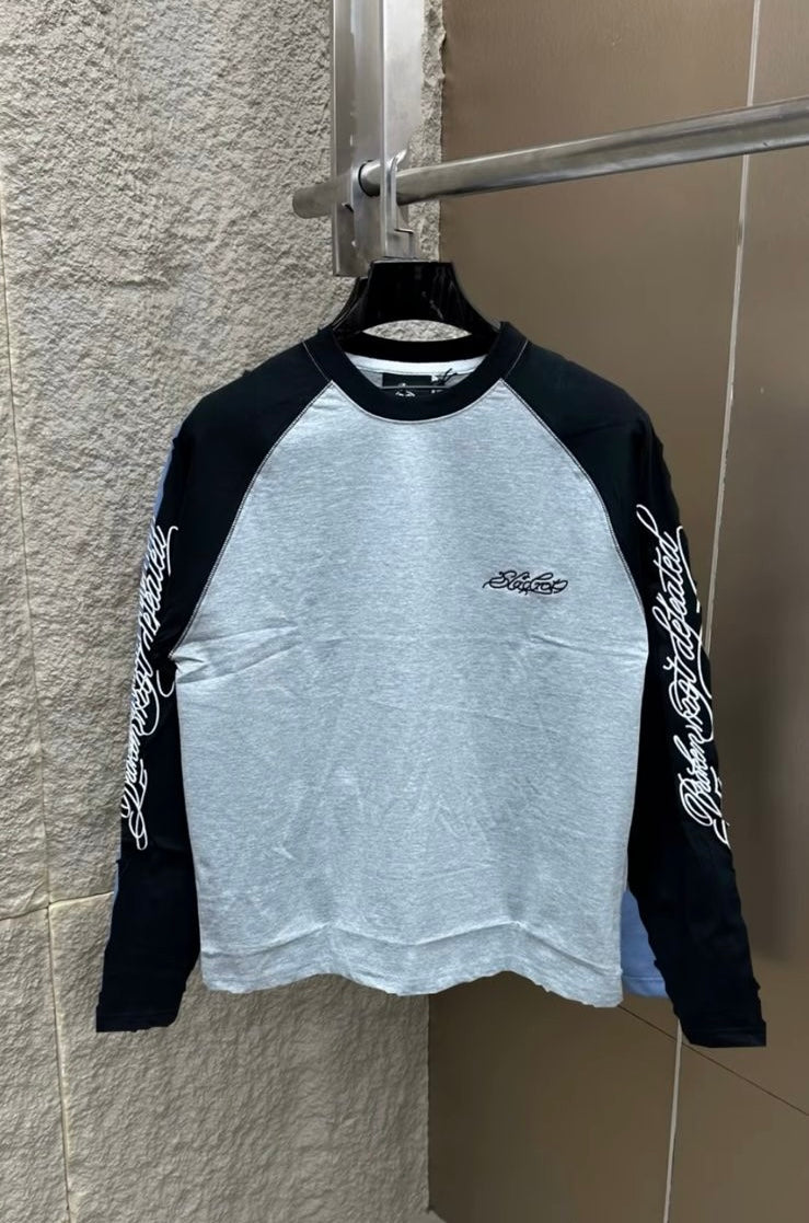 Raglan Emroidery Full Sleeve Tee- grey