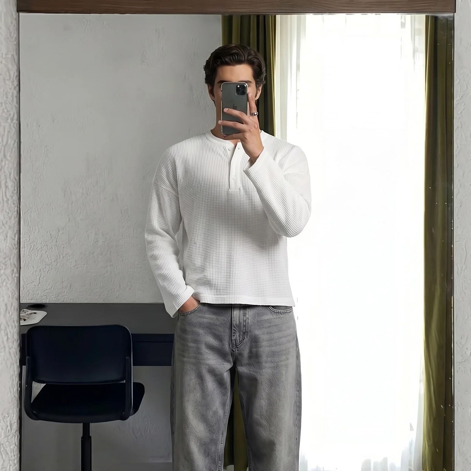 White Waffle Henley Tee- Loose Fit