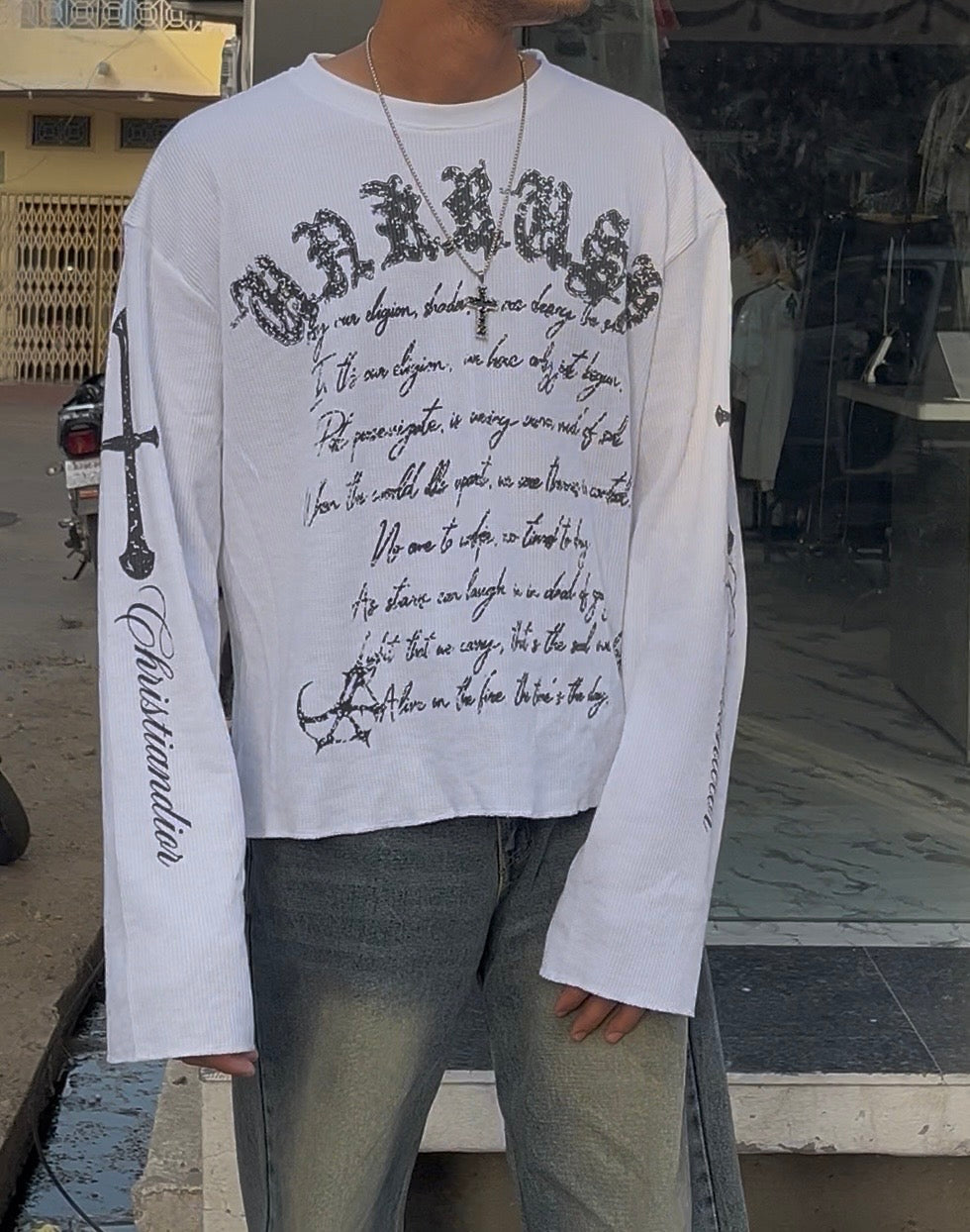 White Gothic Text Waffle Boxy Fit Unisex Tee