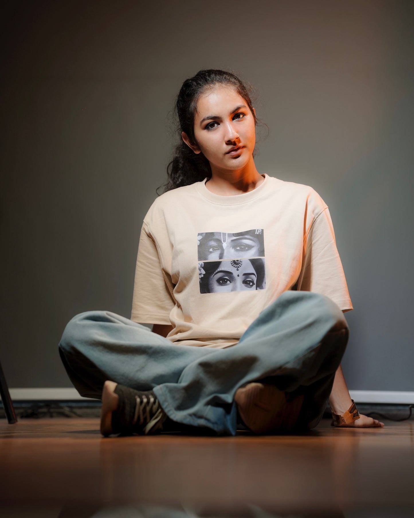 Ishq (RadhaKrishna) Oversized Premium Tshirt | Beige & Olive 