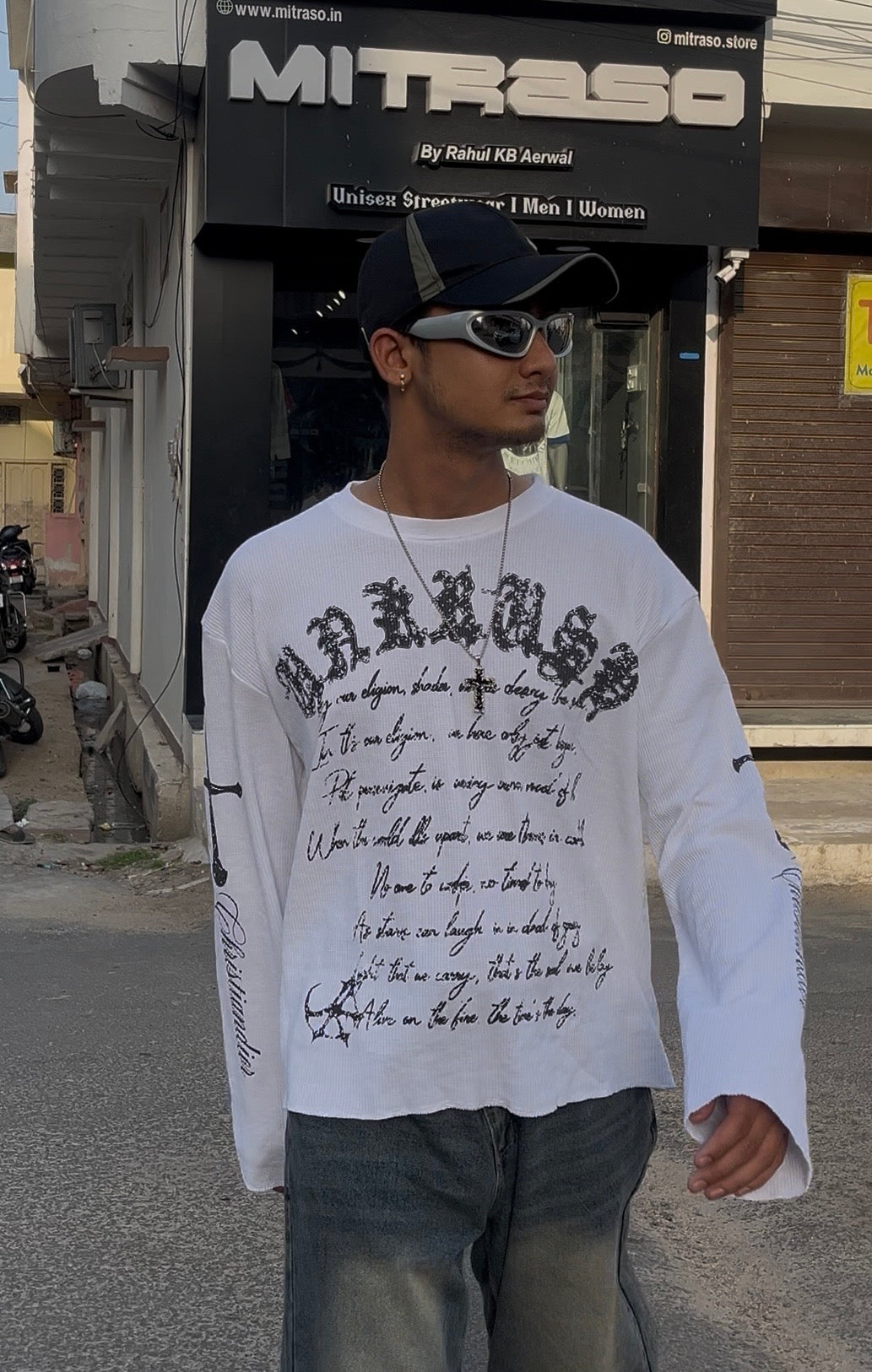 White Gothic Text Waffle Boxy Fit Unisex Tee