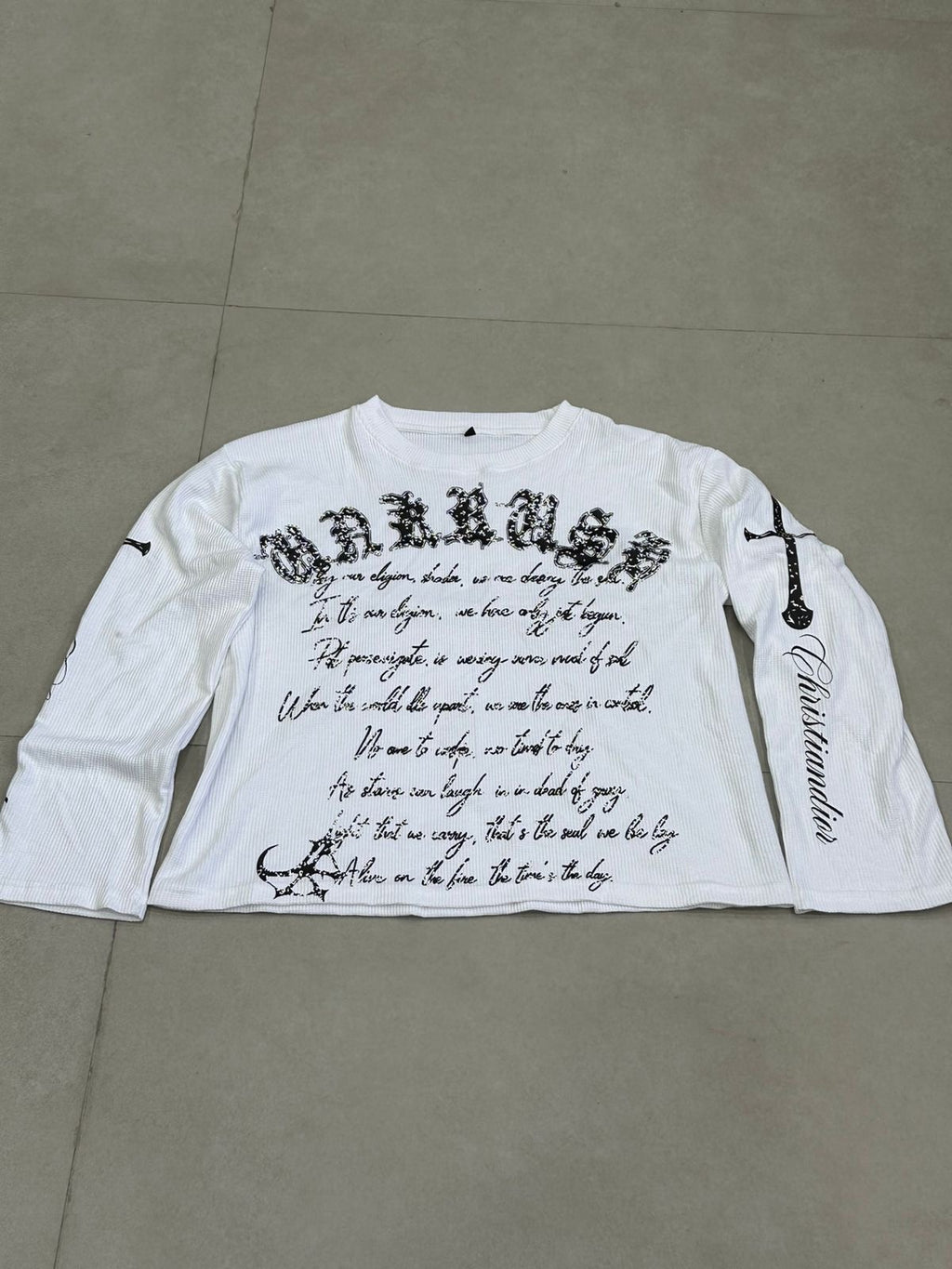 White Gothic Text Waffle Boxy Fit Unisex Tee