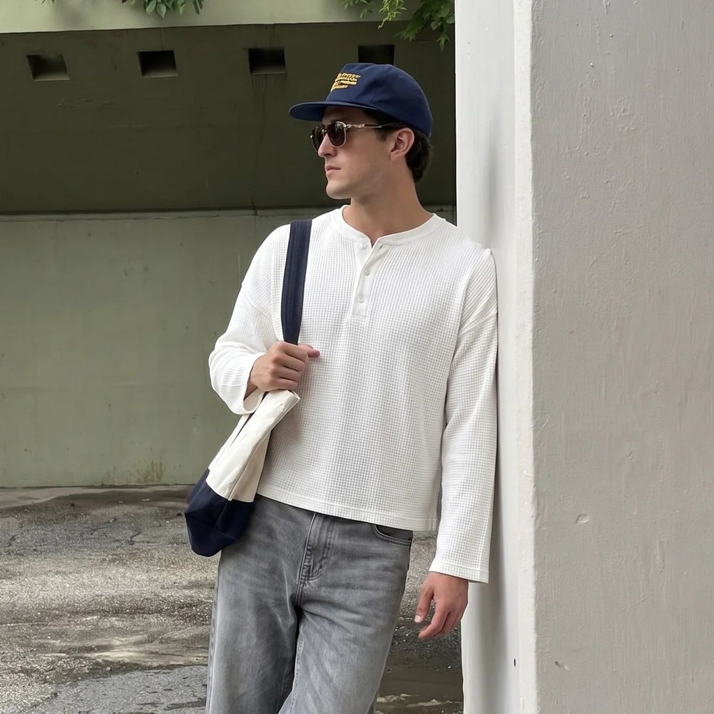 White Waffle Henley Tee- Loose Fit