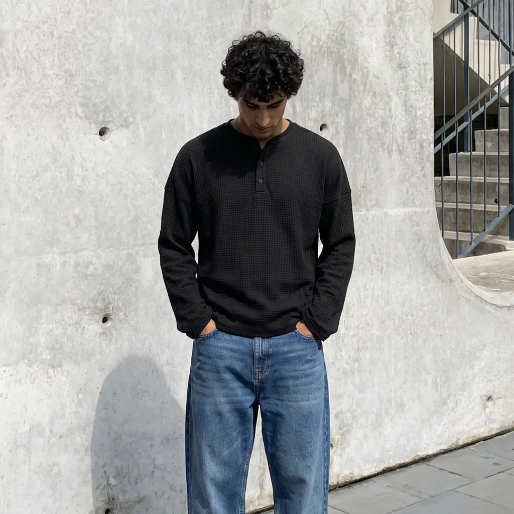 Black Waffle Henley Tee- Loose Fit