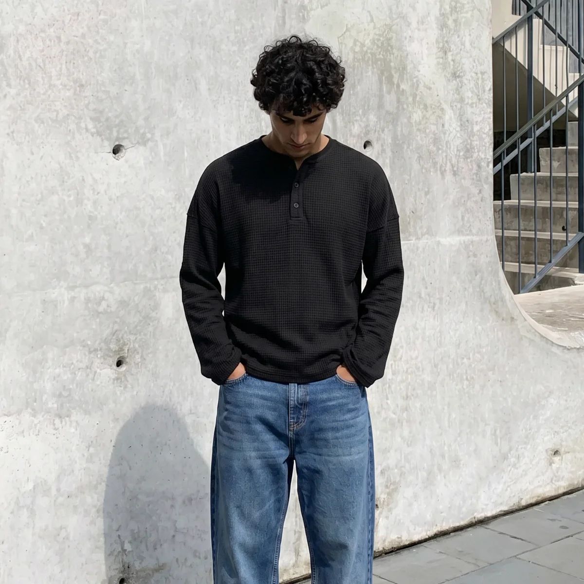 Black Waffle Henley Tee- Loose Fit