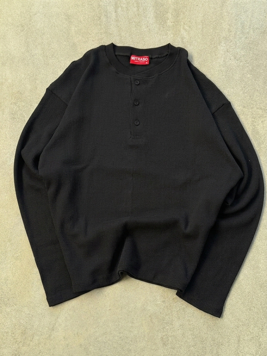 Black Waffle Henley Tee- Loose Fit